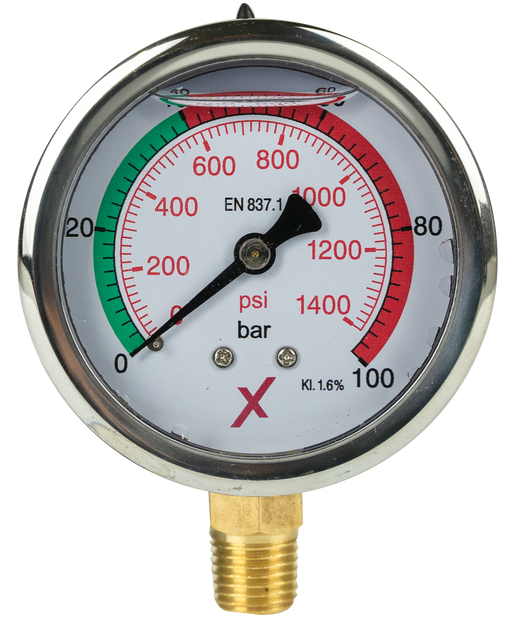 Pressure Gauge 0-100 bar, 1/4", D 63 mm Glycerin below - Viapex GmbH putzmaschinen zubehör ersatzteile
