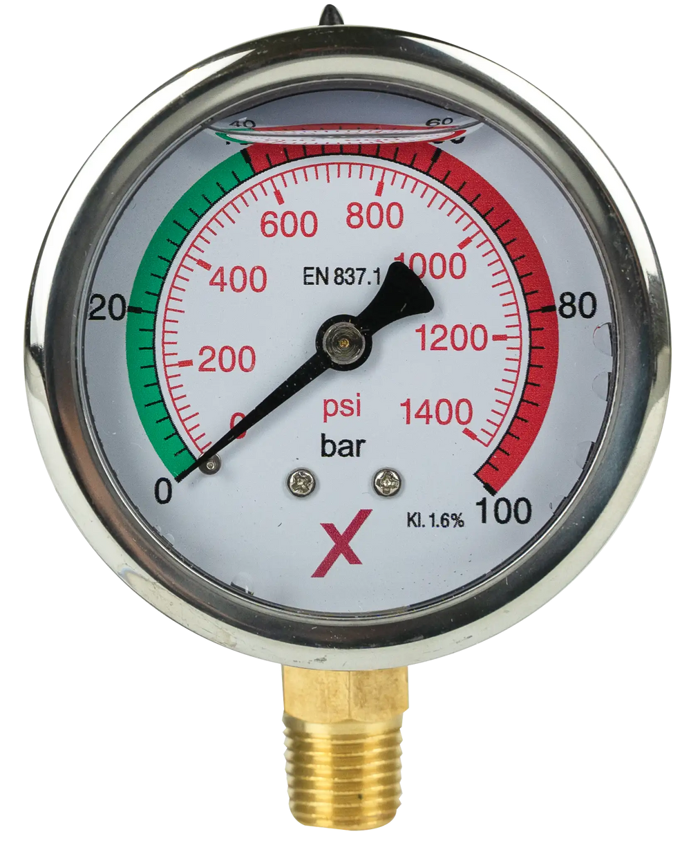 Pressure Gauge 0-100 Bar, Glycerin, Bottom Port